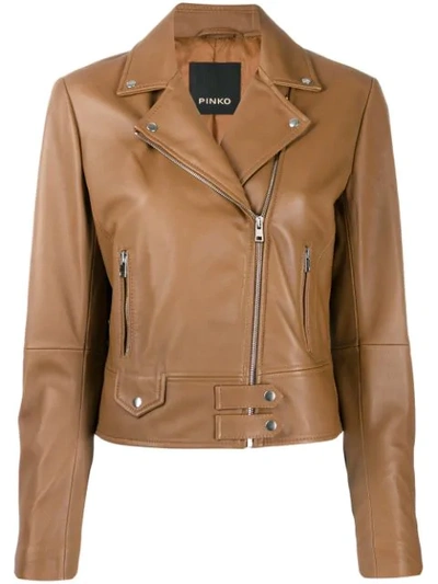 Pinko Leather Biker Jacket In Brown