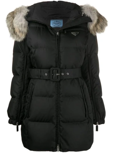 Prada Down Jacket Nylon/fur In Black