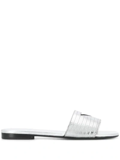 Prada Triangle Cut-out Logo Slides In Argento (silver)