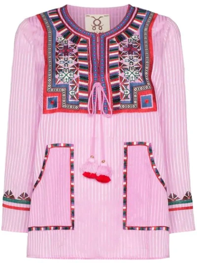 Figue Lily Tasseled Embroidered Striped Voile Top In Pink