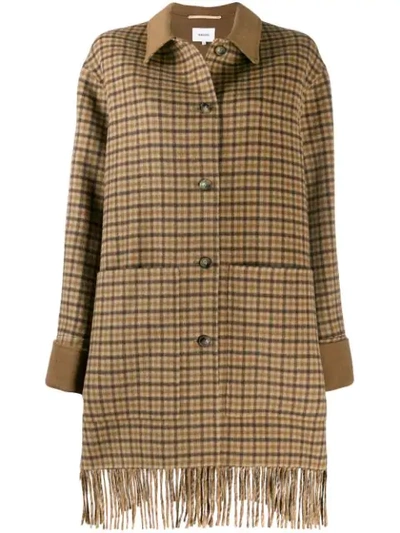 Nanushka Marzy Fringed Checked Wool And Silk-blend Coat In Brown,beige