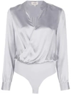 L Agence Marcella Wrap-effect Silk-satin And Stretch-jersey Bodysuit In Grey