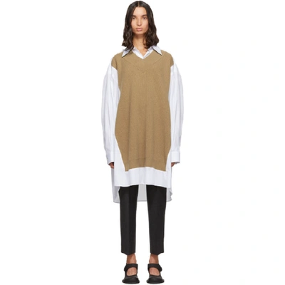 Maison Margiela Oversized Sweater-paneled Cotton Shirt In Brown
