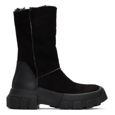 Rick Owens Black Shearling Tractor Boots In 9099 Black/