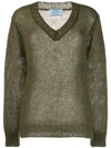 Prada Mohair V-neck Cable Knit Top In Green