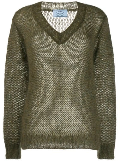 Prada Mohair V-neck Cable Knit Top In Green