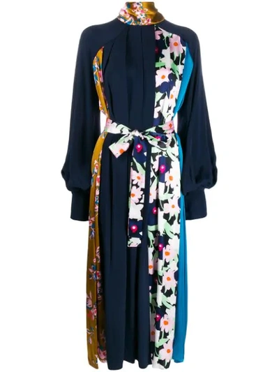 Roksanda Floral Panel Long Sleeve Silk Twill Maxi Dress In Blue