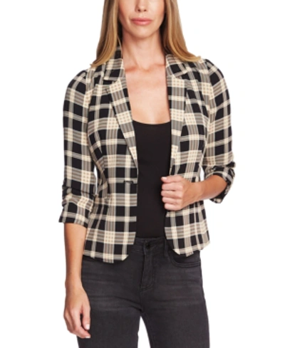 Vince Camuto Highland Plaid Ruched Sleeve Blazer In Rich Black