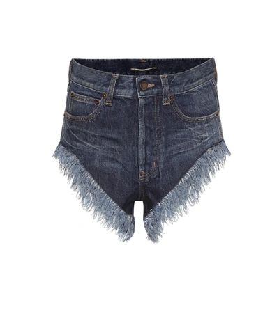 Saint Laurent Cotton Denim Shorts W/ Fringed Hem In Blue