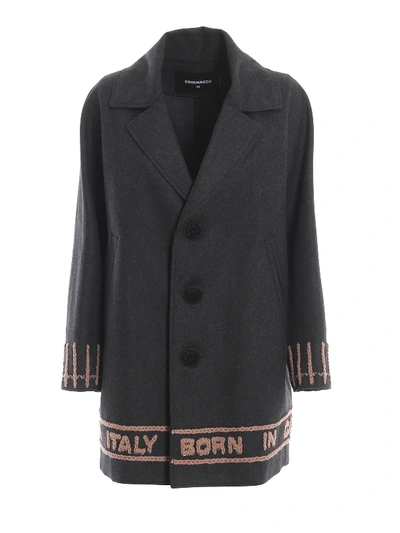 Dsquared2 Born In Canada Made In Italy Embroidery Coat In Dark Grey