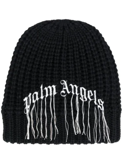Palm Angels Logo-embroidered Ribbed Wool Beanie In Black,white