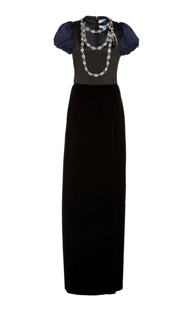 Prada Embellished Satin-paneled Velvet Gown In Black