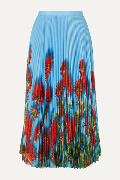 Dries Van Noten Sax Pleated Floral-print Crepe De Chine Midi Skirt In Light Blue