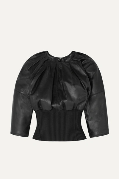 3.1 Phillip Lim Ribbed Knit-trimmed Gathered Leather Top In Black