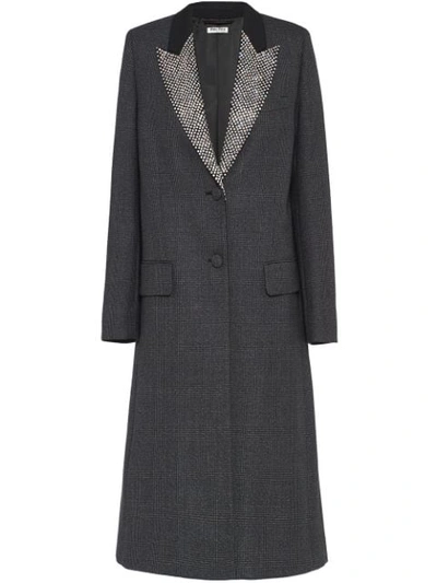 Miu Miu Crystal-embellished Prince Of Wales Checked Wool Coat In Grey