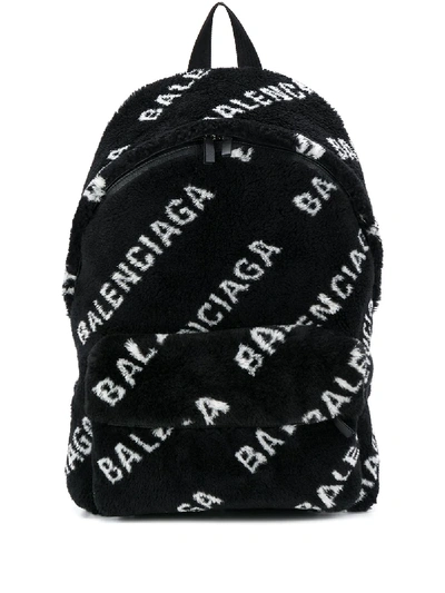 Balenciaga Men's Fuzzy Faux-fur Logo-print Backpack In Black