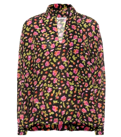 Balenciaga Pussy-bow Floral-print Silk Crepe De Chine Blouse In Black