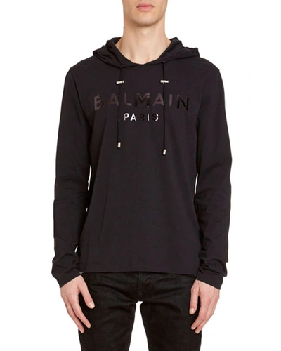 Balmain Men's Tonal Logo Hooded T-shirt In Black