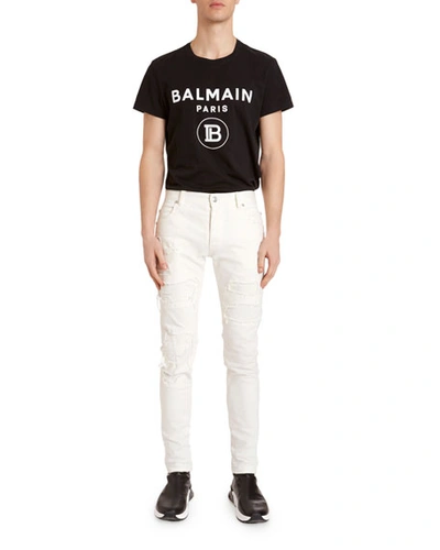Balmain Men's Destroyed Slim-leg Jeans In White