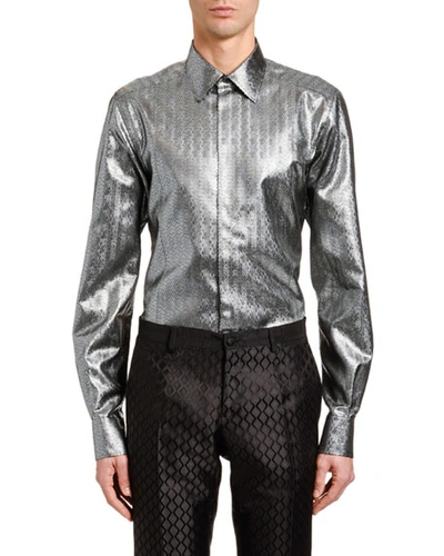 Dolce & Gabbana Men's Metallic Chevron Jacquard Sport Shirt In Silver