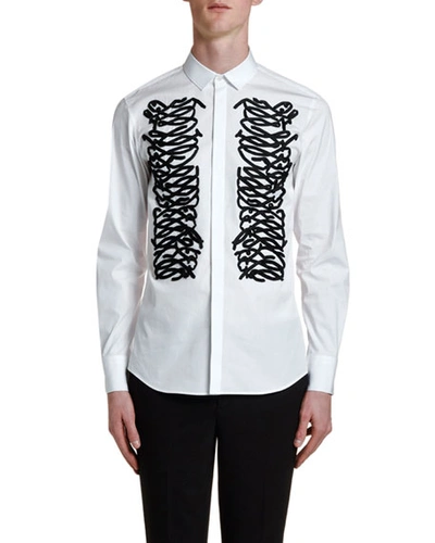 Neil Barrett Men's Ribbon-trim Tuxedo Shirt In White/black