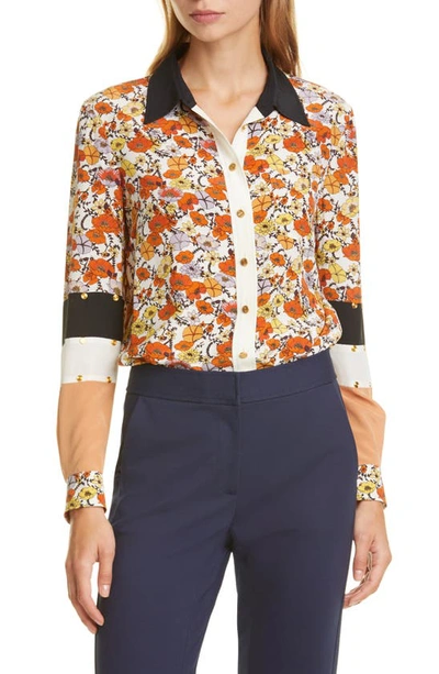 Tory Burch Blossom Ditsy Patchwork Button-down Silk Shirt W/ Stud Trim In Ivory Blossom Ditsy