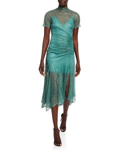 Jonathan Simkhai Sateen Lingerie Lace Short-sleeve Front-slit Dress In Light Green