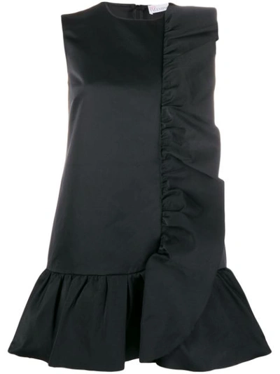 Red Valentino Sleeveless Tricotine Tech Dress With Pleated Ruffle Trim In Black