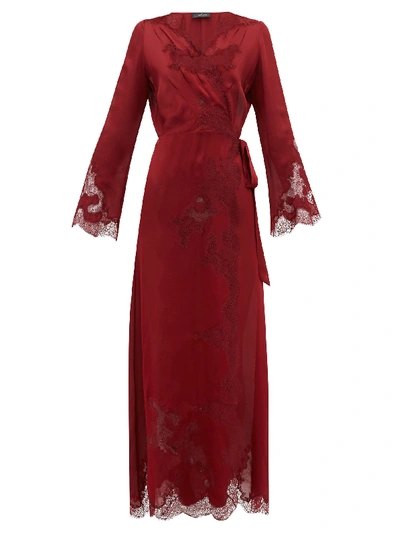 Carine Gilson Chantilly Lace-trimmed Silk-satin Robe In Garnet Red Burgandy