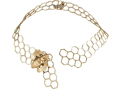 Bernard Delettrez Designer Necklaces Brass Honeycomb Necklace W/ Bee In Doré