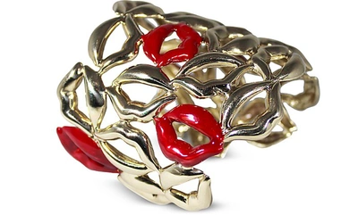 Bernard Delettrez Designer Bracelets Multi Lips Brass Cuff Bracelet W/ Five Enamelled Red Lips In Doré