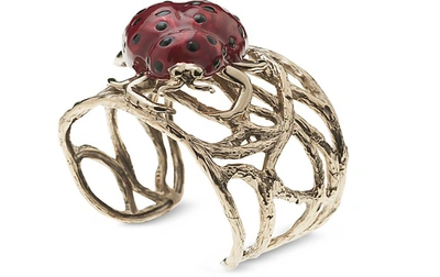 Bernard Delettrez Designer Bracelets Bronze Branches Cuff Bracelet W/enameled Ladybug In Doré