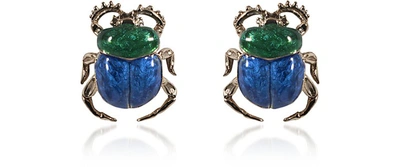 Bernard Delettrez Earrings Blue Scarab Bronze Earrings In Bleu