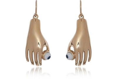 Bernard Delettrez Designer Earrings Medium Bronze Hand Earrings W/ Blue Eye In Doré