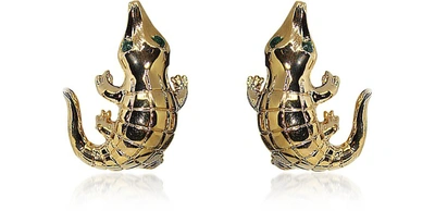 Bernard Delettrez Earrings Smooth Crocodile Bronze Earrings In Doré