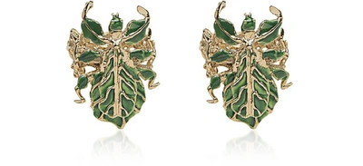 Bernard Delettrez Designer Earrings Leaf Insect Bronze Earrings W/ Enamel In Vert