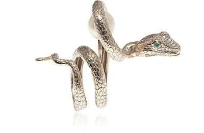 Bernard Delettrez Arched Snake Bronze Ring W/ Pearl In Doré