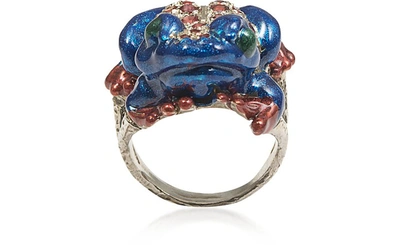 Bernard Delettrez Bagues Bague En Argent Avec Grenouille Vernie Et Saphirs In Bleu