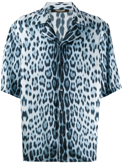 Roberto Cavalli Heritage Jaguar Print Bowling Shirt In Blue