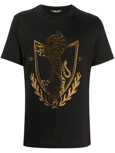 Roberto Cavalli Crystal Embellished Crest T-shirt In Black
