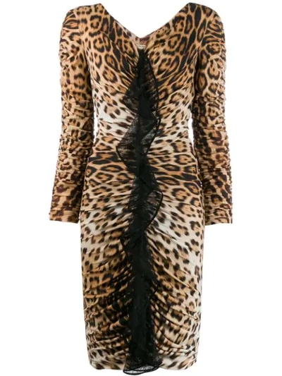 Roberto Cavalli Heritage Jaguar Print Ruched Dress In Neutrals