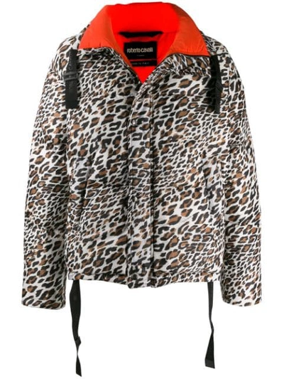 Roberto Cavalli Spiky Leopard Print Down Jacket In Black