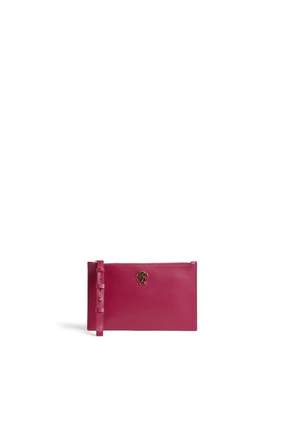 Roberto Cavalli Mirror Snake Leather Zipped Pouch In Pink