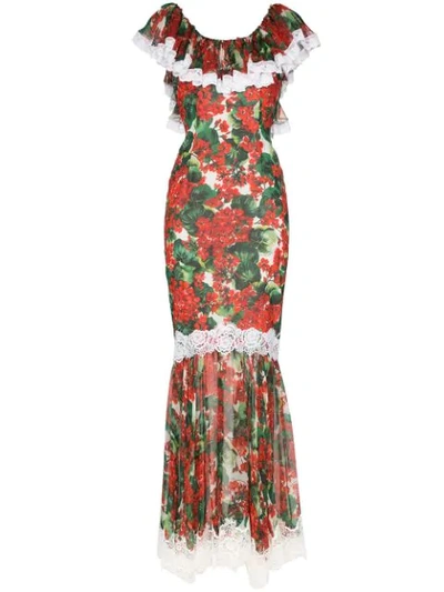 Dolce & Gabbana Lace-trimmed Floral-print Silk-blend Voile Gown In Red