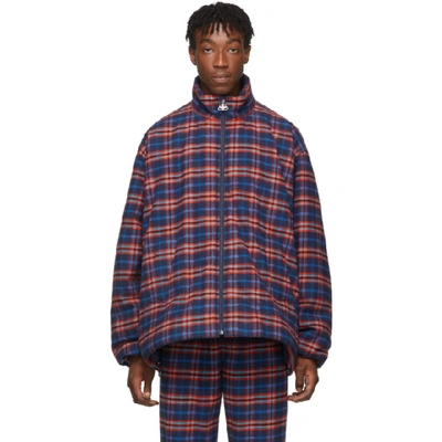 Balenciaga Blue & Red Check Flannel Quilted Zip-up Jacket