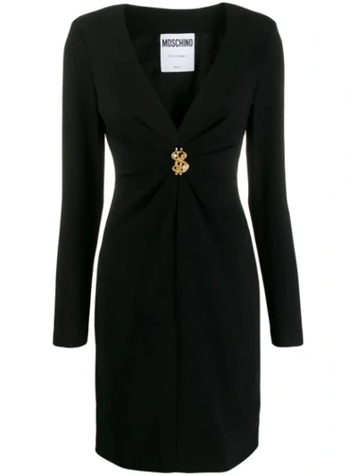 Moschino Fitted V-neck Ruched Detail Dress In Black