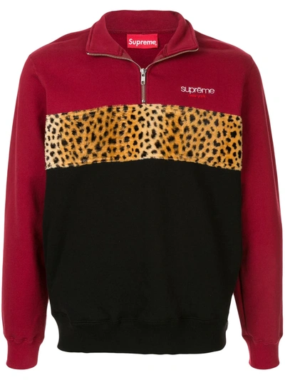 Supreme Leopard Panel Half Zip Sweatshirt In Red