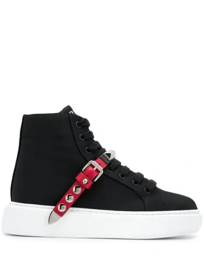 Prada Nylon Sneakers With Studded Strap In Black