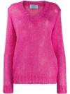 Prada Open Knit V-neck Jumper In F0029 Fuxia