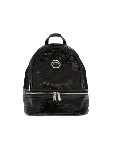 Philipp Plein Backpack In Leather And Sequins With Hexagonal Monogram And Zip In Black